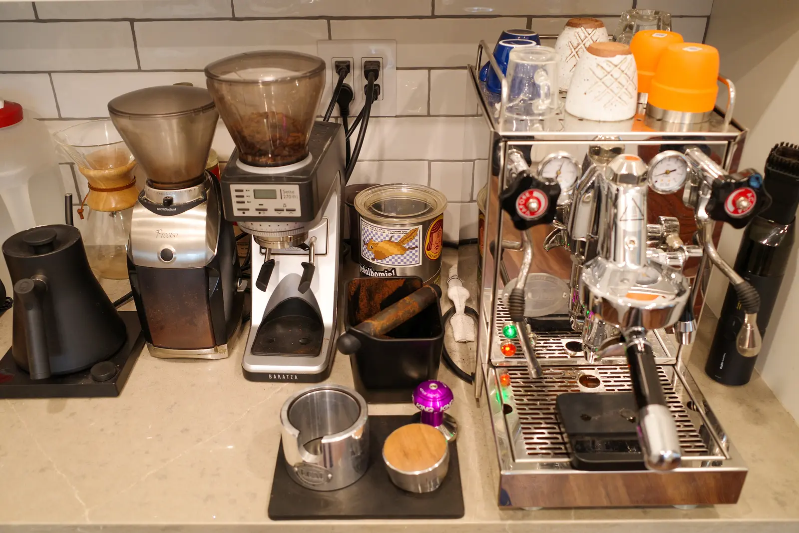 Errin Vasquez's pour over setup with Chemex, V60, and Fellow Stagg kettle