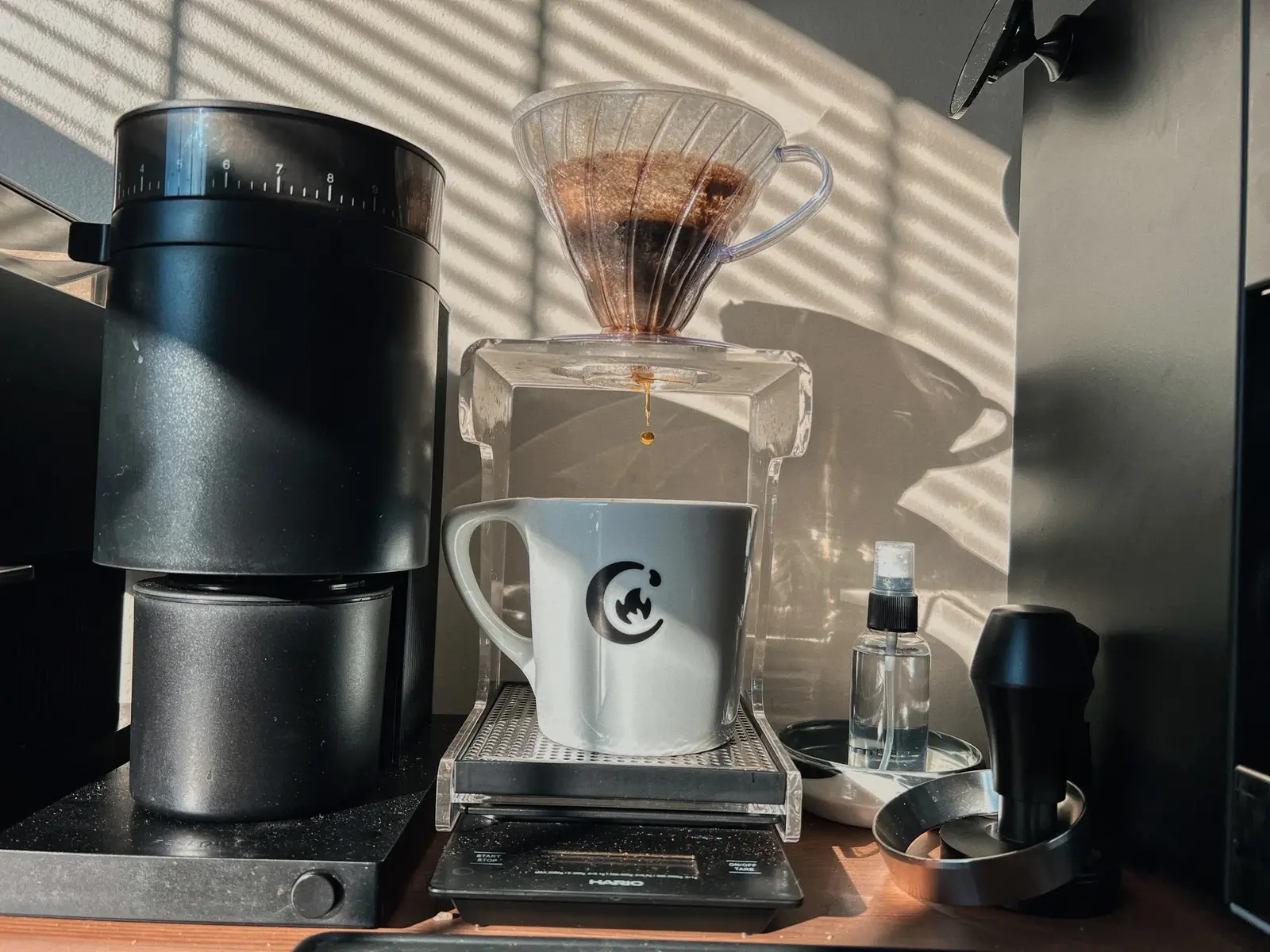 John-George Sample's pour over station featuring V60 with Fellow Ode grinder and Stagg EKG kettle